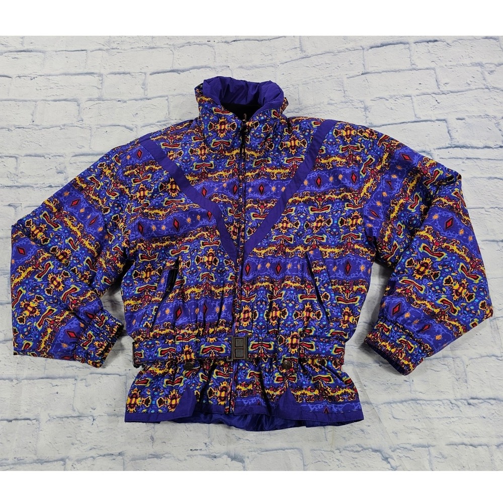 Tyrolia Ski Jacket Womens 10 Purple Vintage 80s 90s Neon Geometric Puffer Belted